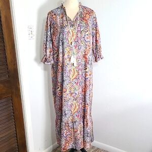 Paisley & Floral Print Multicolor Boho Maxi Dress, Tassels at Neckline Size XL